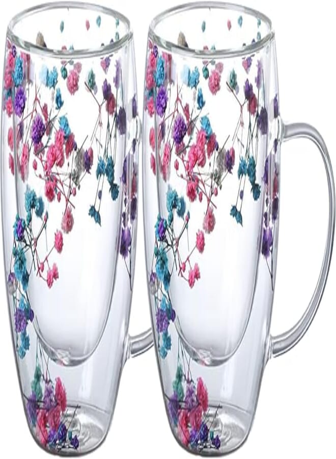 Double Walled Coffee Cups 350ml - Set of 2, Borosilicate Glass Mugs with Real Dry Flowers, Insulated Tea and Coffee Cups, Gift Set for Holiday and Valentine's Day (Multi-2)